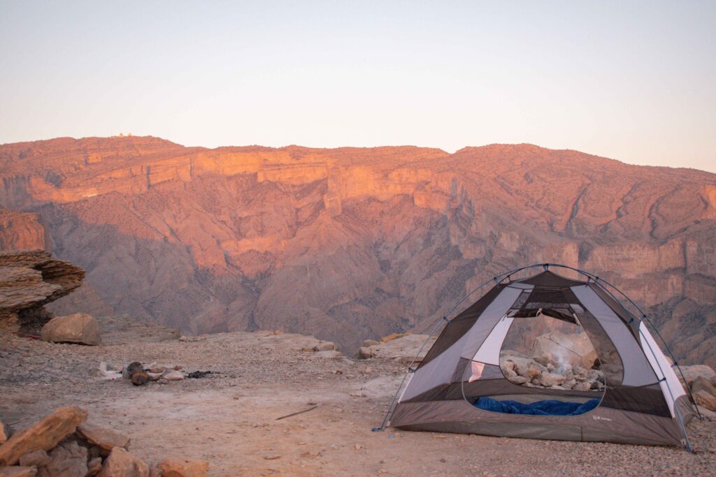 Tent set up on Jebel Shams, above Oman's "Grand Canyon", at sunset
