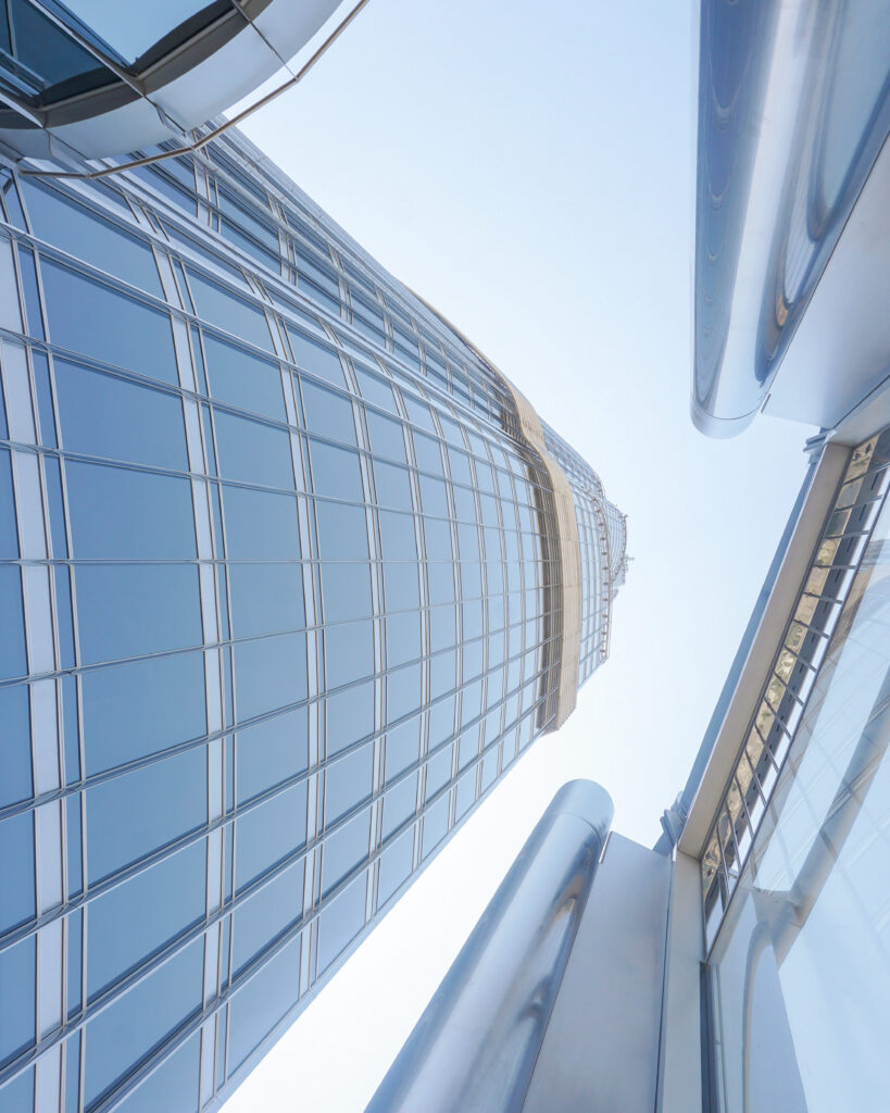 Looking up at Dubai's skyscrapers from below