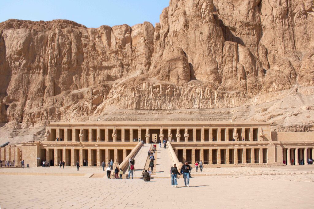 Geometric stone columns along the front of Hatshepsut's Mortuary Temple, Luxor