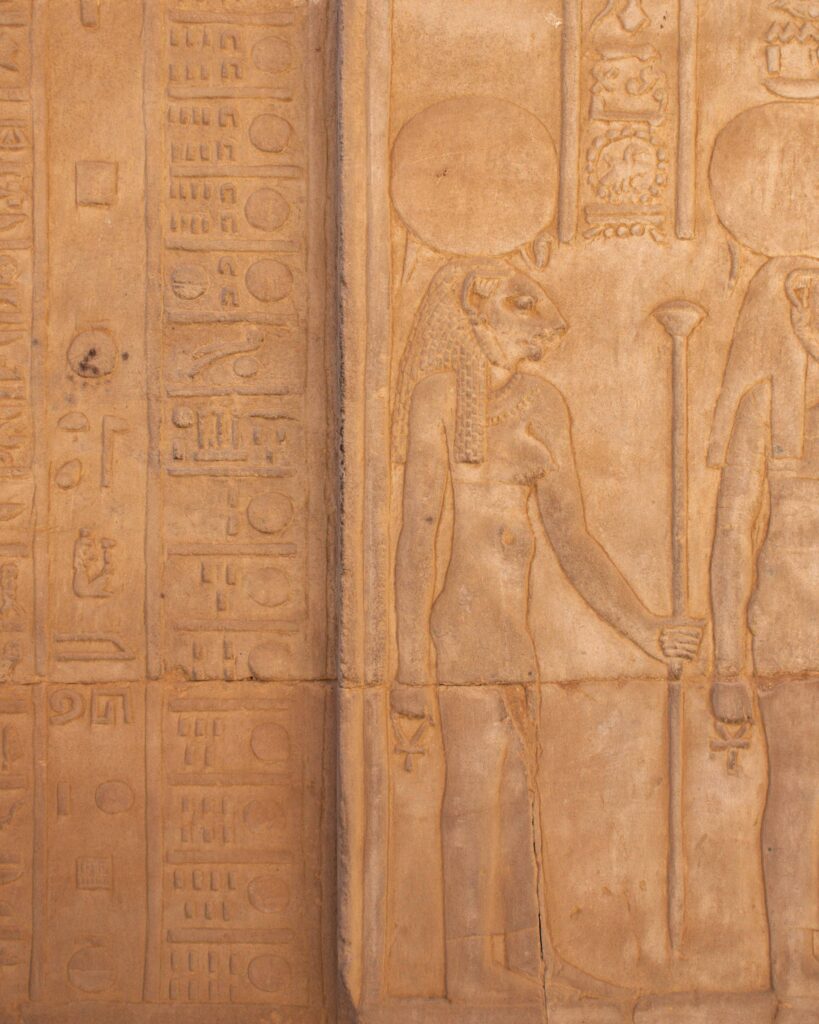 Close up of carvings on wall at Kom Ombu Temple, Egypt
