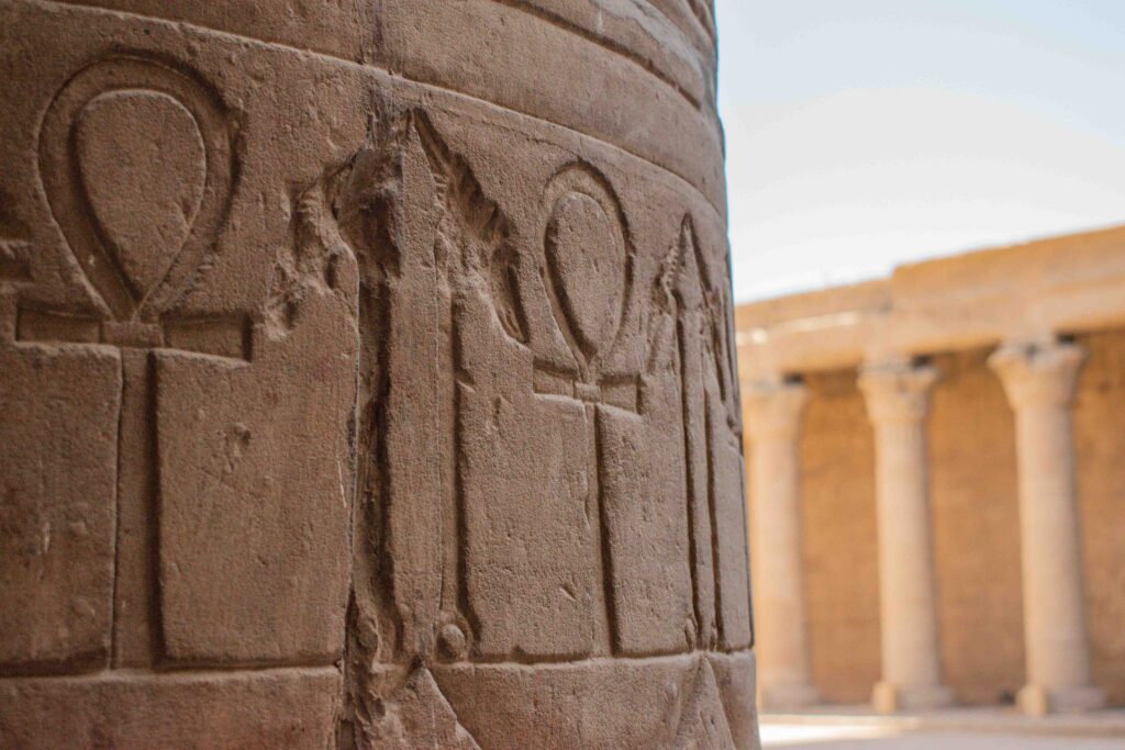 Close up of Ankh symbol on column of Edfu Temple, Egypt 