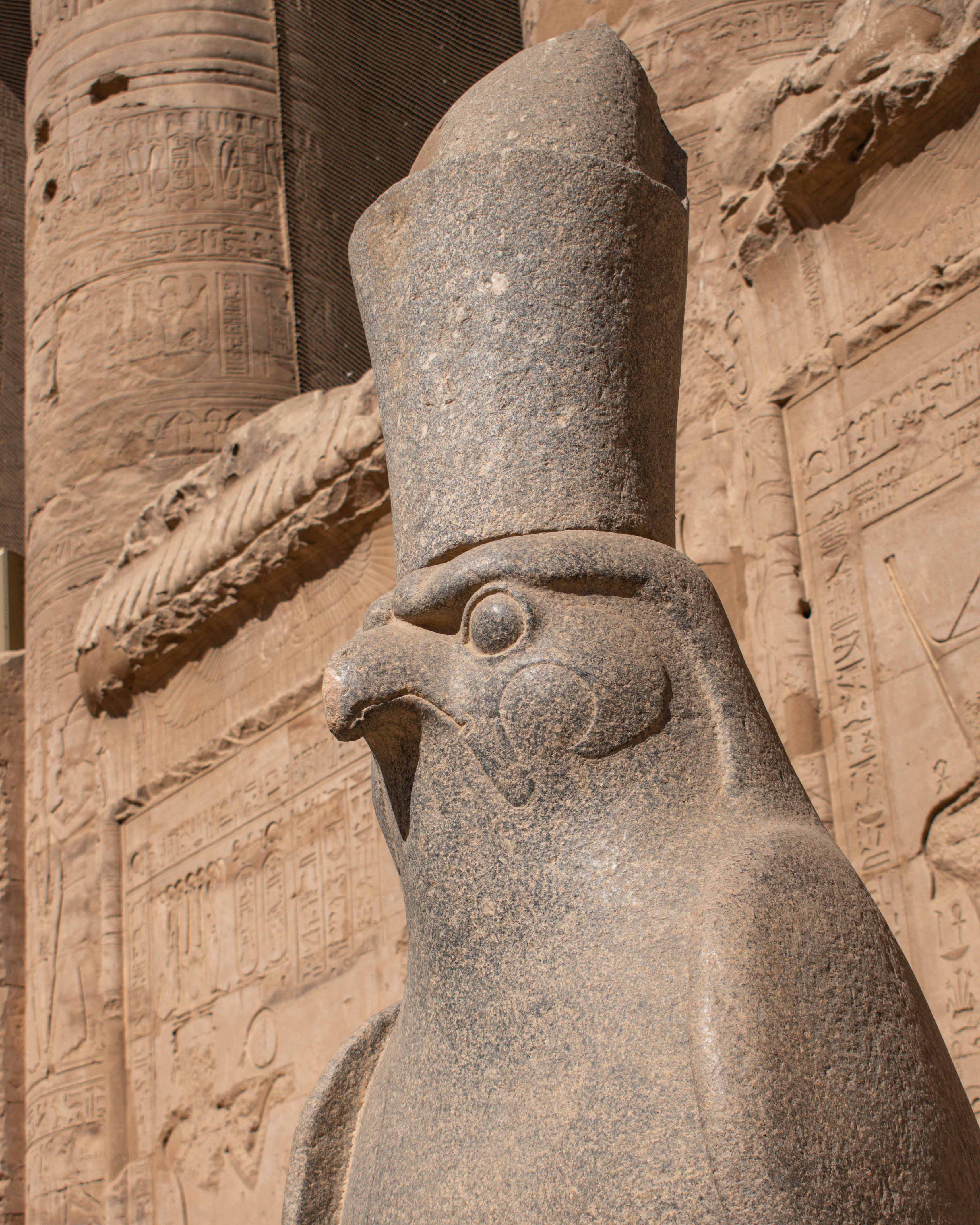 Close up of granite statue of Horus in Edfu Temple