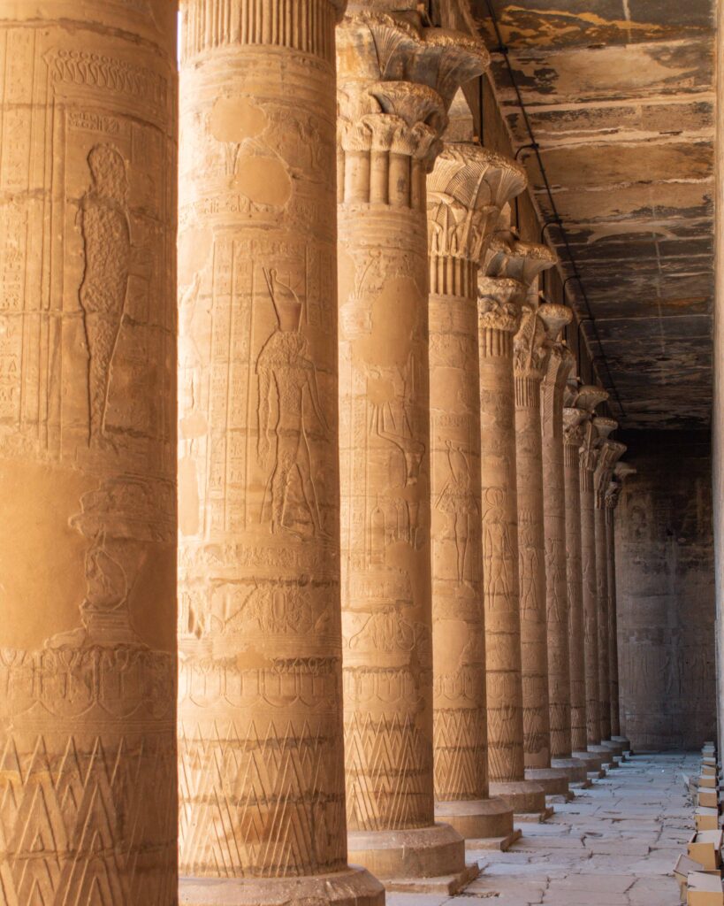 Carved stone columns at Edfu Temple, Egypt
