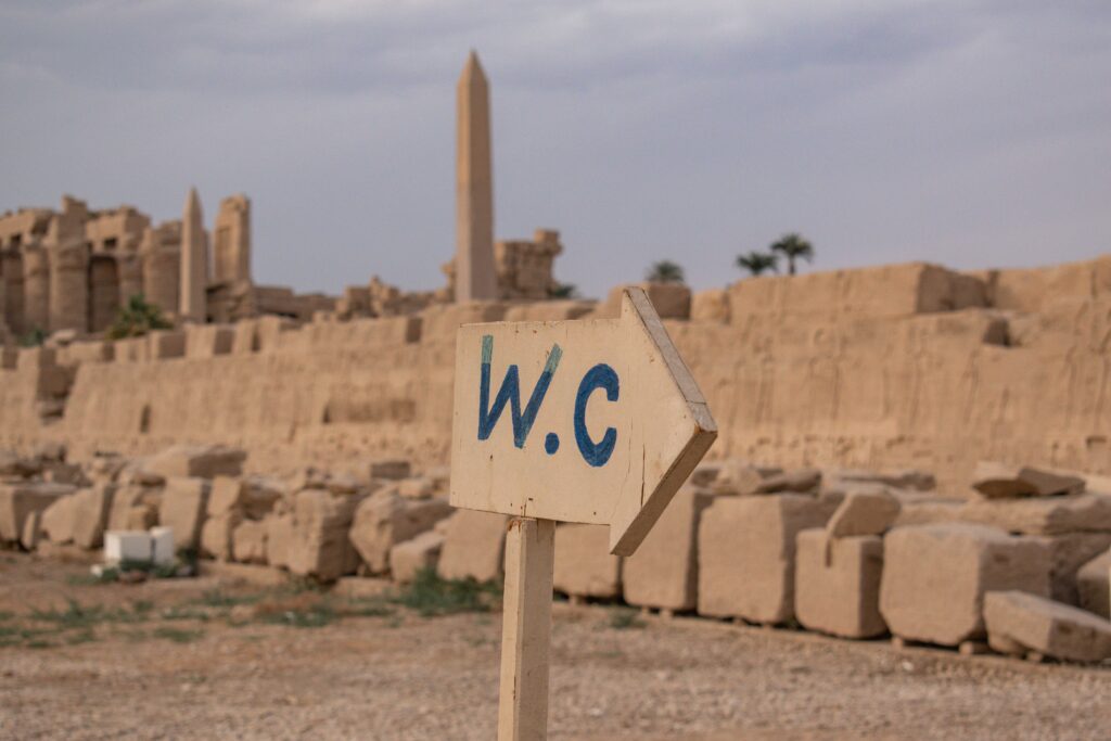 Small wooden sign painted with blue "WC" at Karnak Temple, Egypt