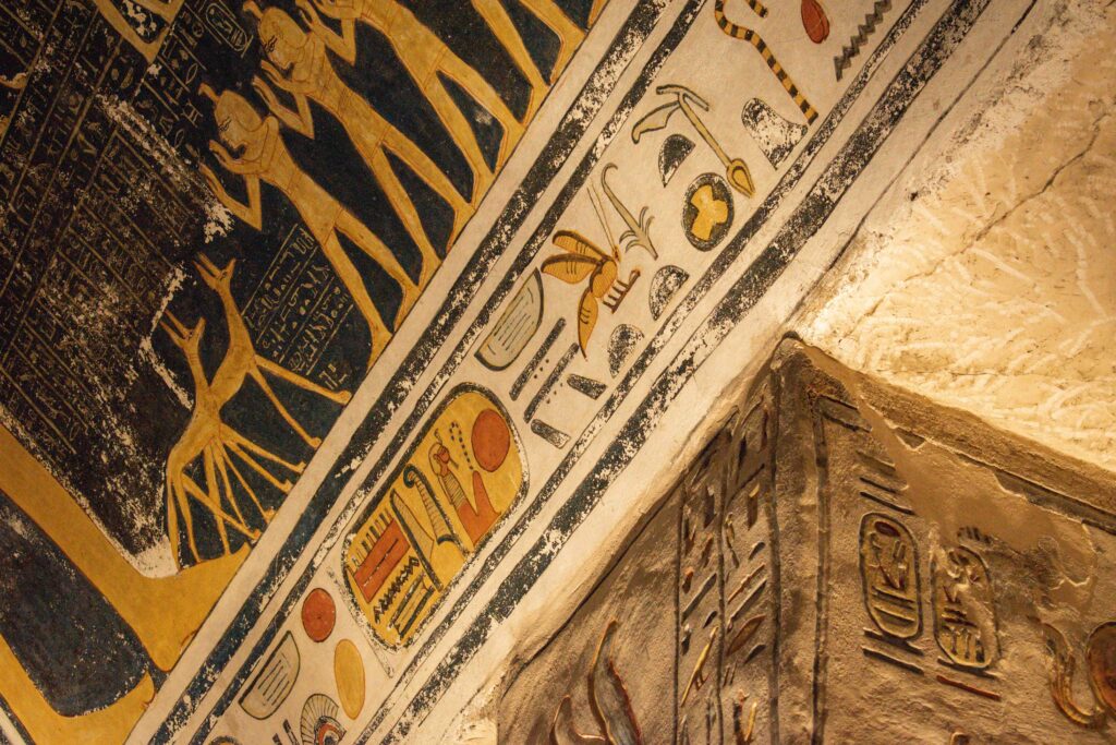 Close up of Pharoah's cartouche on ceiling of tomb of Rameses V and VI