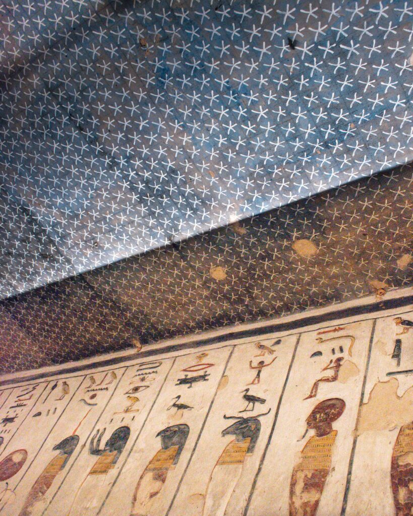 White stars on a blue background on the ceiling of the tomb of Ramesses III in the Valley of the Kings
