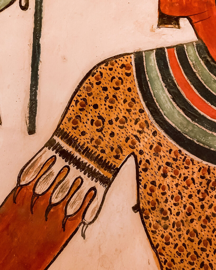 Close detail photo of intricately painted colourful walls covered in hieroglyphs and figures in the tomb of Nefertari