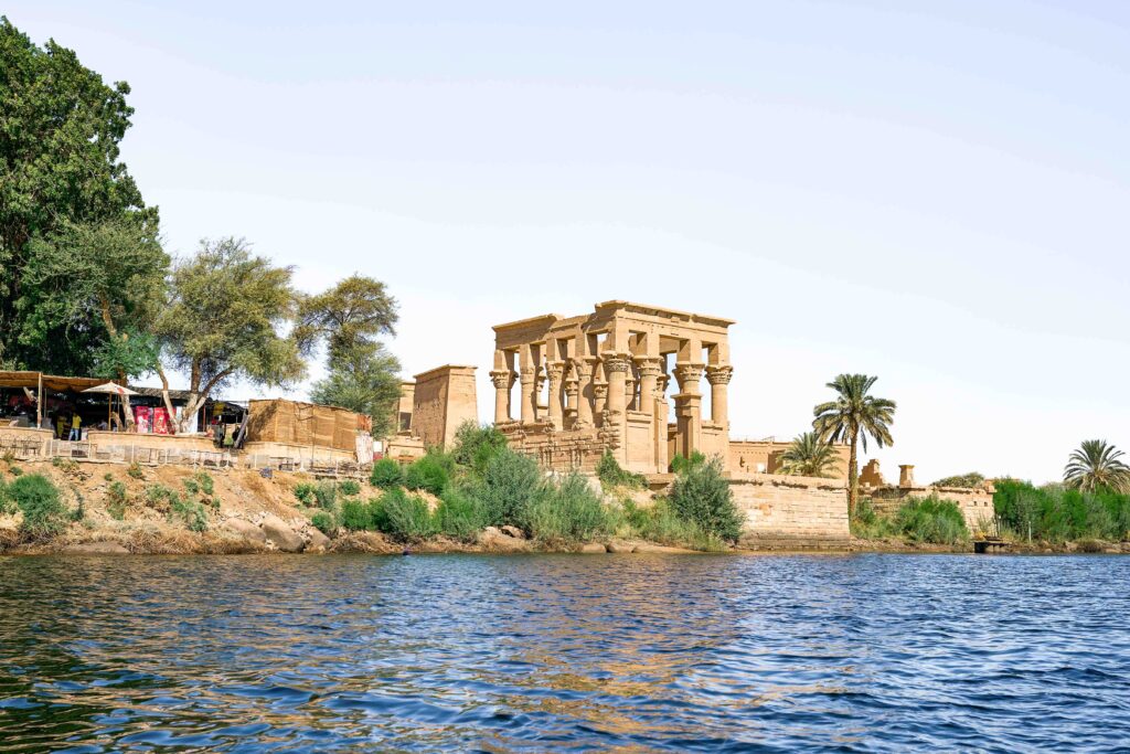 Trajan's Kiosk seen from the River Nile on Agilkia Island in southern Egypt. 