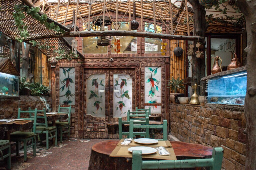 Wooden decorated interior of Felfela restaurant, Cairo