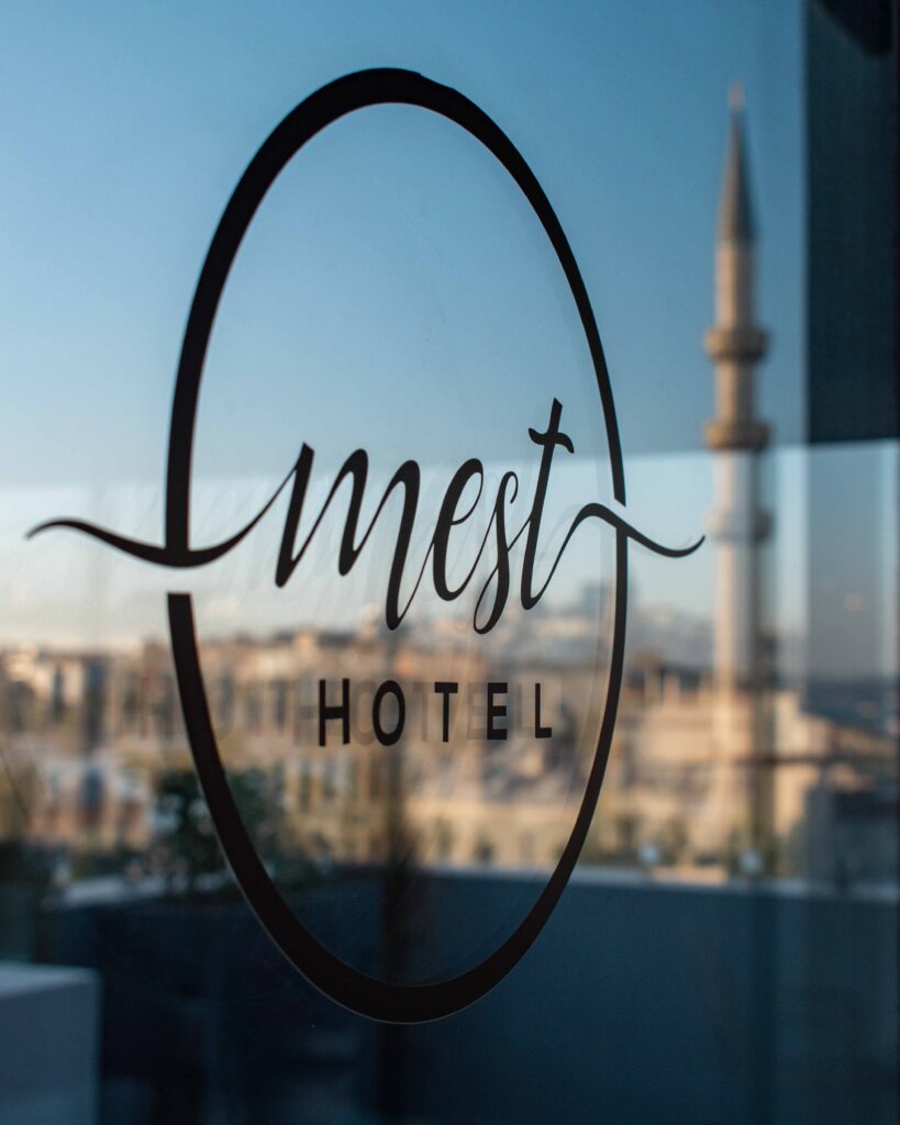 Mest Hotel logo on a window in Istanbul 