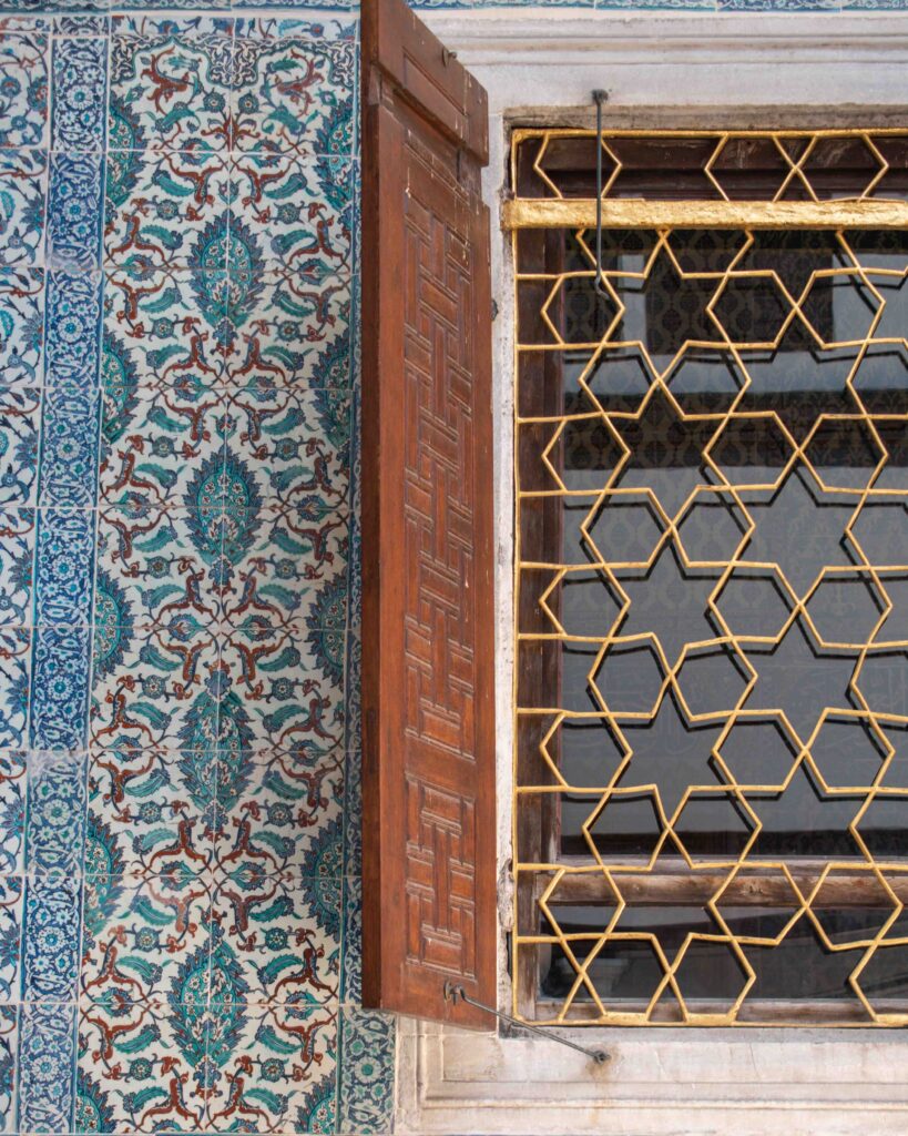Close up detail of blue tiled window in Istanbul's Topkapi Palace