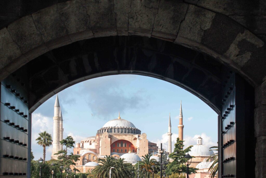 Hagia Sophia seen through archway of gates