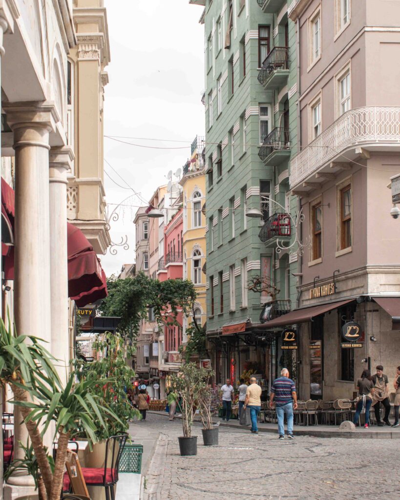 Pastel coloured buildings on a street in Istanbul