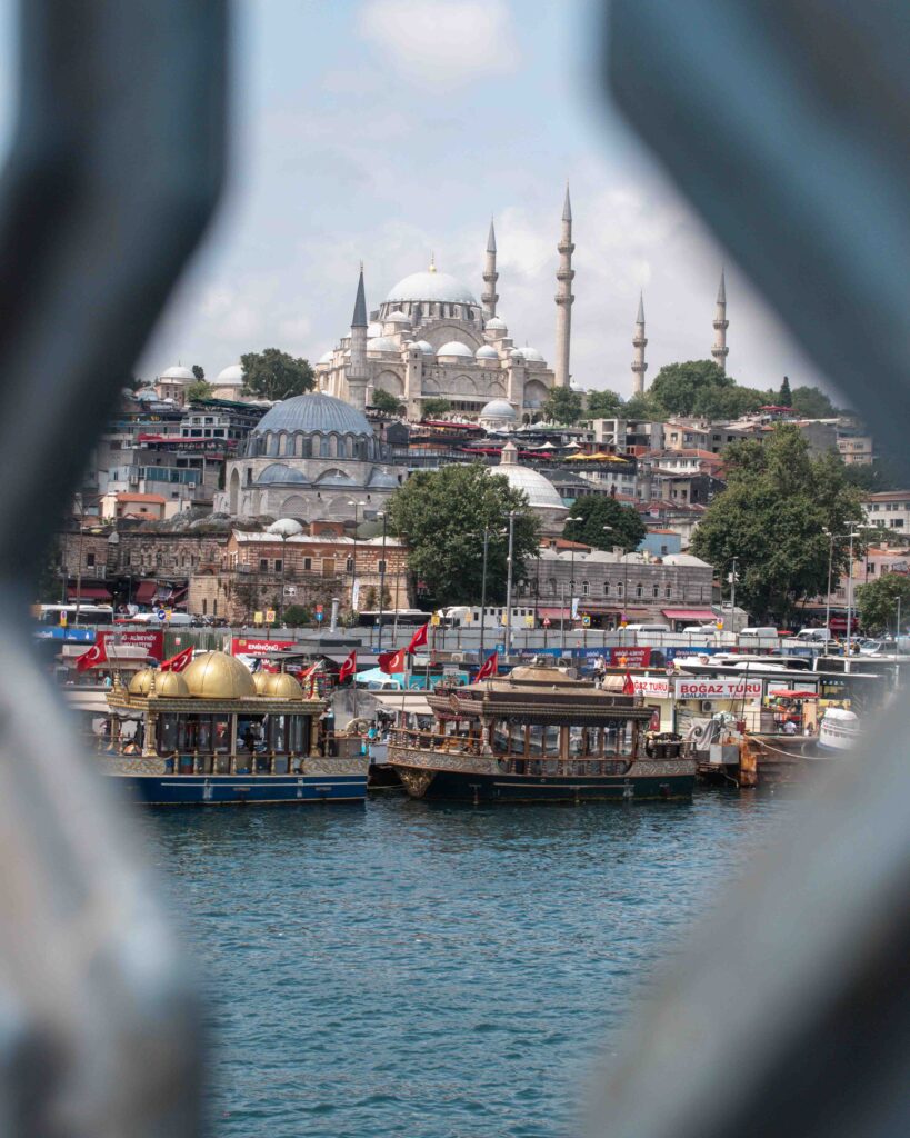 Süleymaniye Mosque glimpsed through the bars of Galata Bridge
