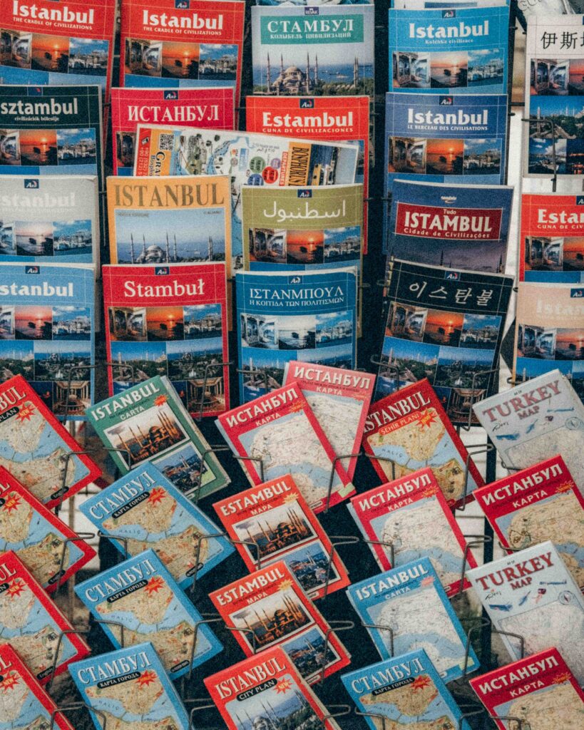 Rows of paper maps and guides to Istanbul 