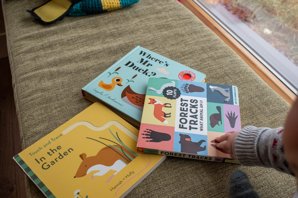 A toddler's hand points towards three nature themed children's' books on a fabric woven bench.