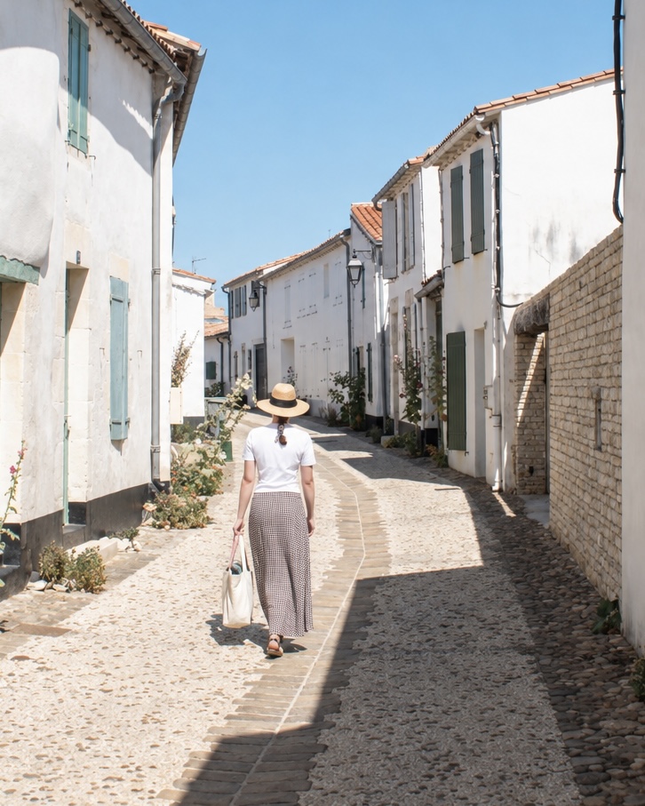 A woman in a white tshirt and summer skirt, walks down a sunny street in Saint Martin de Re.